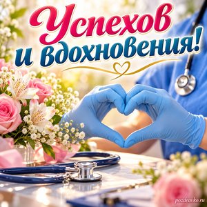 Международный день медицинской сестры — открытка «Успехов и вдохновения!» с руками в медицинских перчатках Международный день медицинской сестры — открытка «Успехов и вдохновения!» с руками в медицинских перчатках