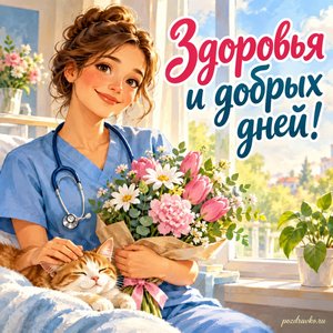Международный день медицинской сестры — открытка «Здоровья и добрых дней!» с заботливой медсестрой у окна Международный день медицинской сестры — открытка «Здоровья и добрых дней!» с заботливой медсестрой у окна
