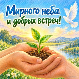 Международный день мира — открытка «Мирного неба и добрых встреч!» руки держат зелёный росток Международный день мира — открытка «Мирного неба и добрых встреч!» руки держат зелёный росток