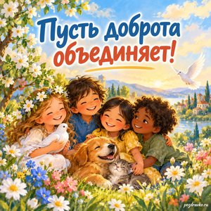 Международный день мира — открытка «Пусть доброта объединяет!» друзья в цветущем саду Международный день мира — открытка «Пусть доброта объединяет!» друзья в цветущем саду