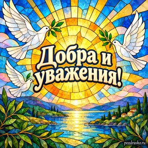 Международный день мирного сосуществования — открытка «Добра и уважения!» солнечный круг с белыми птицами Международный день мирного сосуществования — открытка «Добра и уважения!» солнечный круг с белыми птицами