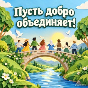 Международный день мирного сосуществования — открытка «Пусть добро объединяет!» бумажный мост между двумя зелёными берегами Международный день мирного сосуществования — открытка «Пусть добро объединяет!» бумажный мост между двумя зелёными берегами