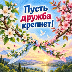 Международный день мирного сосуществования — открытка «Пусть дружба крепнет!» две веточки соединены цветочной лентой Международный день мирного сосуществования — открытка «Пусть дружба крепнет!» две веточки соединены цветочной лентой