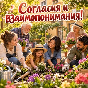Международный день мирного сосуществования — открытка «Согласия и взаимопонимания!» соседи вместе сажают цветы во дворе Международный день мирного сосуществования — открытка «Согласия и взаимопонимания!» соседи вместе сажают цветы во дворе