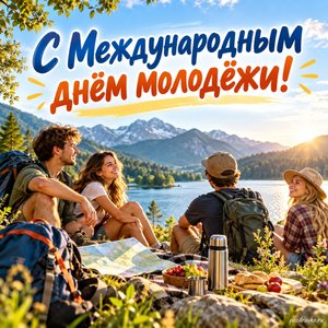 Международный день молодежи — открытка «С Международным днём молодёжи!» с молодыми путешественниками у озера