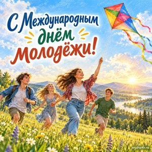 Международный день молодежи — открытка «С Международным днём молодёжи!» с воздушным змеем над зелёным лугом