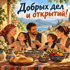Международный день нематериального культурного наследия — открытка «Добрых дел и открытий!» семья за общим столом с керамическими чашами