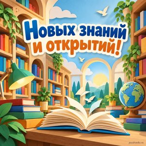 Международный день образования — открытка «Новых знаний и открытий!» с бумажной библиотекой и разноцветными книгами Международный день образования — открытка «Новых знаний и открытий!» с бумажной библиотекой и разноцветными книгами