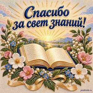 Международный день образования — открытка «Спасибо за свет знаний!» с вышитой книгой без букв и нежным цветочным венком Международный день образования — открытка «Спасибо за свет знаний!» с вышитой книгой без букв и нежным цветочным венком