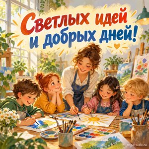 Международный день образования — открытка «Светлых идей и добрых дней!» с педагогом и друзьями за творческой работой в светлой мастерской Международный день образования — открытка «Светлых идей и добрых дней!» с педагогом и друзьями за творческой работой в светлой мастерской