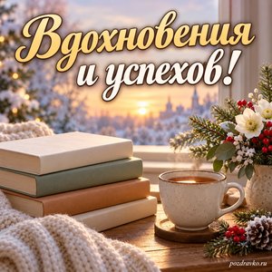 Международный день образования — открытка «Вдохновения и успехов!» с уютным столом, книгами, чашкой чая и зимними цветами Международный день образования — открытка «Вдохновения и успехов!» с уютным столом, книгами, чашкой чая и зимними цветами