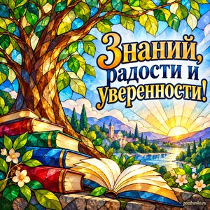 Международный день образования — открытка «Знаний, радости и уверенности!» с витражным деревом знаний и яркими книжными силуэтами Международный день образования — открытка «Знаний, радости и уверенности!» с витражным деревом знаний и яркими книжными силуэтами