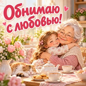 Международный день объятий — открытка «Обнимаю с любовью!» с бабушкой и внучкой за чайным столом