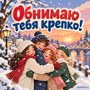 Международный день объятий — открытка «Обнимаю тебя крепко!» с друзьями на заснеженной прогулке