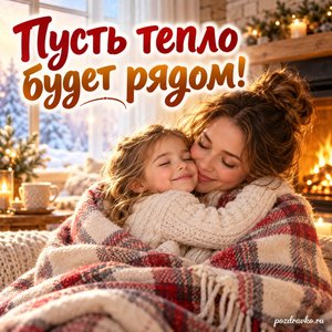 Международный день объятий — открытка «Пусть тепло будет рядом!» с мамой и ребёнком под уютным пледом