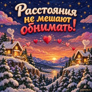 Международный день объятий — открытка «Расстояния не мешают обнимать!» с двумя освещёнными домами и сердечками над зимним лесом