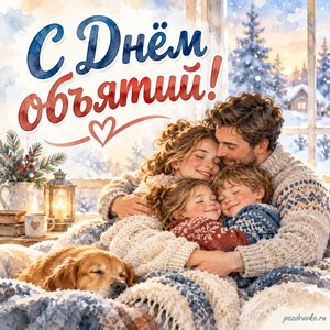 Международный день объятий — открытка «С Днём объятий!» с семьёй в тёплых объятиях у зимнего окна