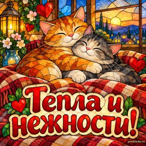 Международный день объятий — открытка «Тепла и нежности!» с двумя котами на мягком пледе