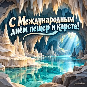 Международный день пещер и карста — открытка «С Международным днём пещер и карста!» бумажные сталактиты над прозрачным озером