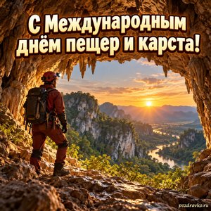 Международный день пещер и карста — открытка «С Международным днём пещер и карста!» спелеолог с фонарём у входа в пещеру
