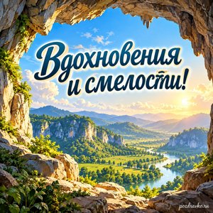 Международный день пещер и карста — открытка «Вдохновения и смелости!» арка из камня и зелёная долина