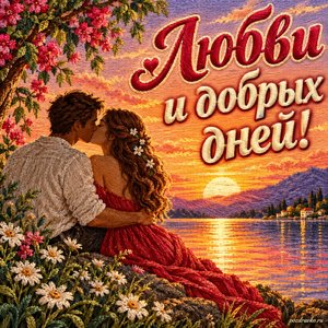 Международный день поцелуев — открытка «Любви и добрых дней!» с парой силуэтов на фоне летнего заката