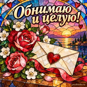 Международный день поцелуев — открытка «Обнимаю и целую!» с конвертом и нежными цветами