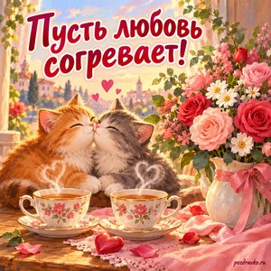 Международный день поцелуев — открытка «Пусть любовь согревает!» с двумя чашками чая и букетом