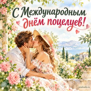 Международный день поцелуев — открытка «С Международным днём поцелуев!» с влюблённой парой в летнем саду