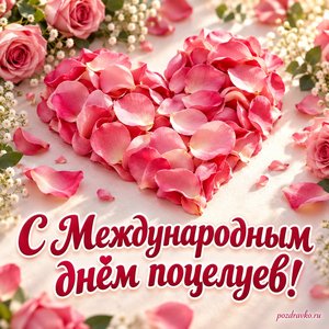 Международный день поцелуев — открытка «С Международным днём поцелуев!» с сердцем из розовых лепестков