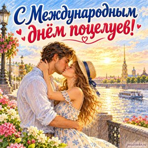 Международный день поцелуев — открытка «С Международным днём поцелуев!» с парой на солнечной набережной