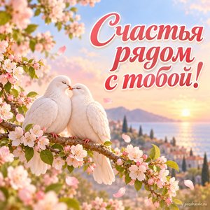 Международный день поцелуев — открытка «Счастья рядом с тобой!» с голубями на цветущей веточке