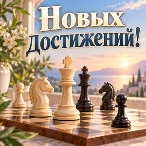 Международный день шахмат — открытка «Новых достижений!» с аккуратным шахматным натюрмортом