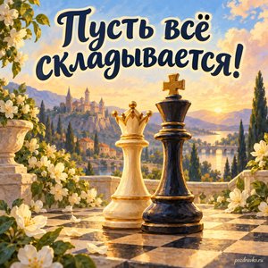 Международный день шахмат — открытка «Пусть всё складывается!» с королём и ферзём в мягком свете