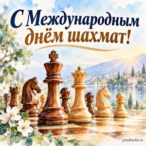 Международный день шахмат — открытка «С Международным днём шахмат!» с деревянными шахматными фигурами на доске