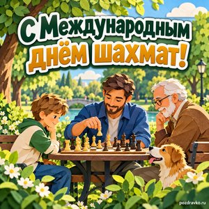 Международный день шахмат — открытка «С Международным днём шахмат!» с шахматистами разных возрастов в зелёном парке