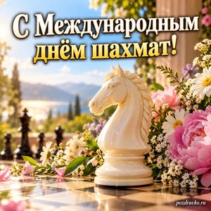 Международный день шахмат — открытка «С Международным днём шахмат!» с белым конём и летними цветами