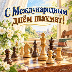 Международный день шахмат — открытка «С Международным днём шахмат!» с шахматной доской у солнечного окна