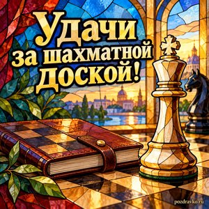Международный день шахмат — открытка «Удачи за шахматной доской!» с шахматной фигурой и закрытым блокнотом