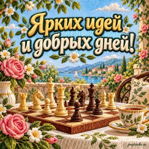 Международный день шахмат — открытка «Ярких идей и добрых дней!» с миниатюрными шахматами на садовом столе