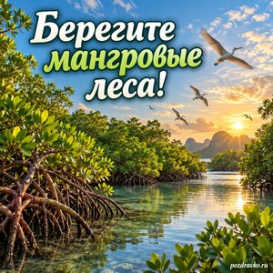 Международный день сохранения мангровых экосистем — открытка «Берегите мангровые леса!» птицы над мангровым лесом Международный день сохранения мангровых экосистем — открытка «Берегите мангровые леса!» птицы над мангровым лесом