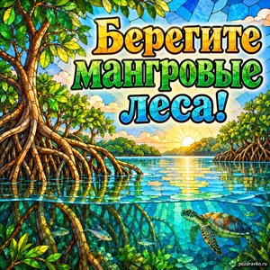 Международный день сохранения мангровых экосистем — открытка «Берегите мангровые леса!» витражная мангровая лагуна Международный день сохранения мангровых экосистем — открытка «Берегите мангровые леса!» витражная мангровая лагуна