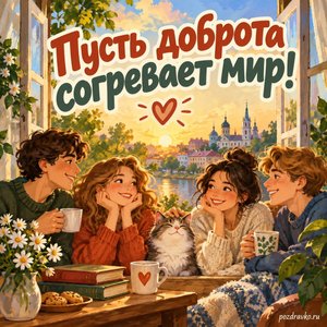 Международный день совести — открытка «Пусть доброта согревает мир!» друзья у открытого окна Международный день совести — открытка «Пусть доброта согревает мир!» друзья у открытого окна