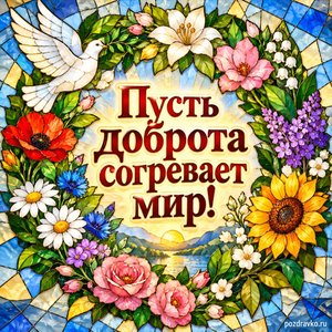Международный день совести — открытка «Пусть доброта согревает мир!» витражный венок разных цветов Международный день совести — открытка «Пусть доброта согревает мир!» витражный венок разных цветов