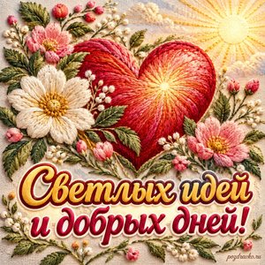 Международный день совести — открытка «Светлых идей и добрых дней!» вышитое сердце среди цветов Международный день совести — открытка «Светлых идей и добрых дней!» вышитое сердце среди цветов