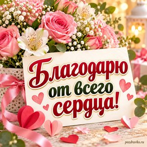 Международный день спасибо — открытка «Благодарю от всего сердца!» с сердечками из бумаги и красивыми цветами