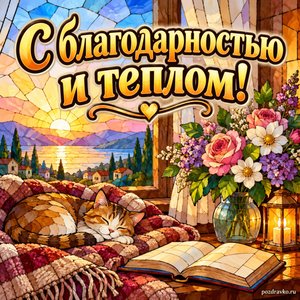 Международный день спасибо — открытка «С благодарностью и теплом!» с мягким пледом, книгой и букетом