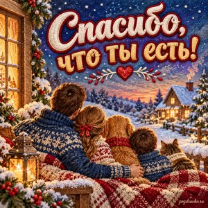 Международный день спасибо — открытка «Спасибо, что ты есть!» с зимним семейным вечером и светящимися окнами