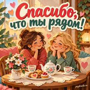Международный день спасибо — открытка «Спасибо, что ты рядом!» с двумя друзьями за уютным чайным столом