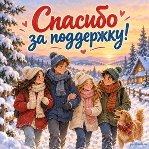 Международный день спасибо — открытка «Спасибо за поддержку!» с друзьями на зимней прогулке